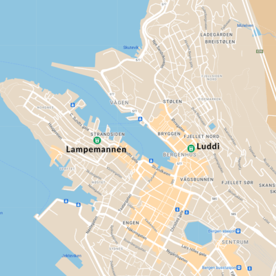 Lampemannen and Luddi are located on the opposite sides of Vågen.