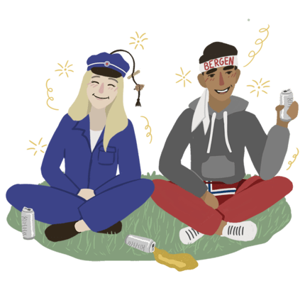Illustration of russ partying, wearing blue and red boiler suits.