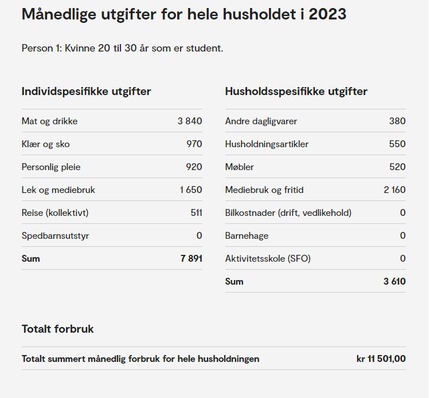 Skjermdump som viser et SIFO referansebudsjett for kvinne 20-30 år.