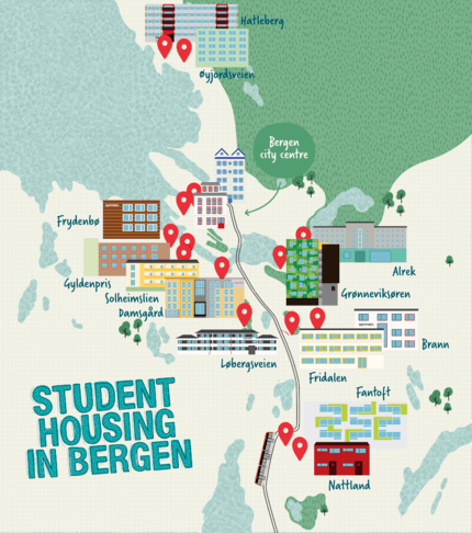 An illustrated map showing all the student hostels owned by Sammen in Bergen.