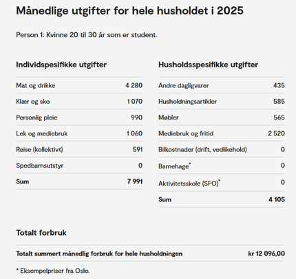 Skjermdump som viser et SIFO referansebudsjett for kvinne 20-30 år.