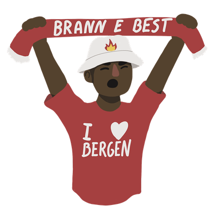 En tegning av en Brann-supporter med Brann-skjerf heist over hodet. 