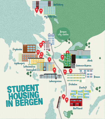 Et kart med oversikt over alle boligområdene som er relevante for studenter i Bergen. 