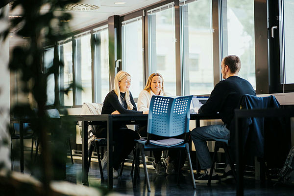 Tre studenter sitter ved bord og jobber sammen med studiene