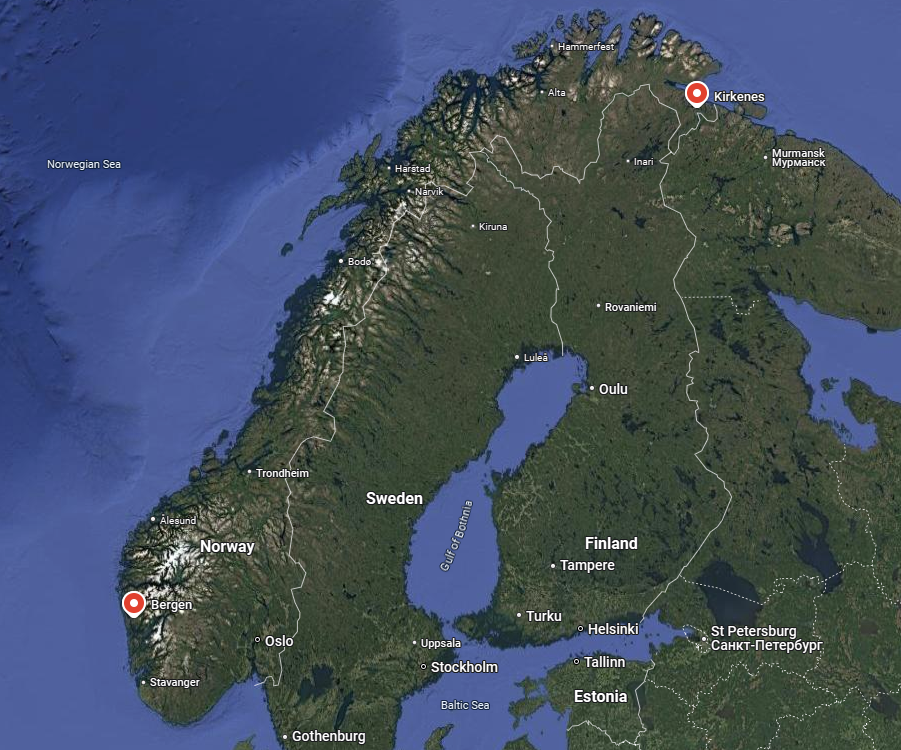 A Google Earth map showing the locations of Bergen and Kirkenes respectively