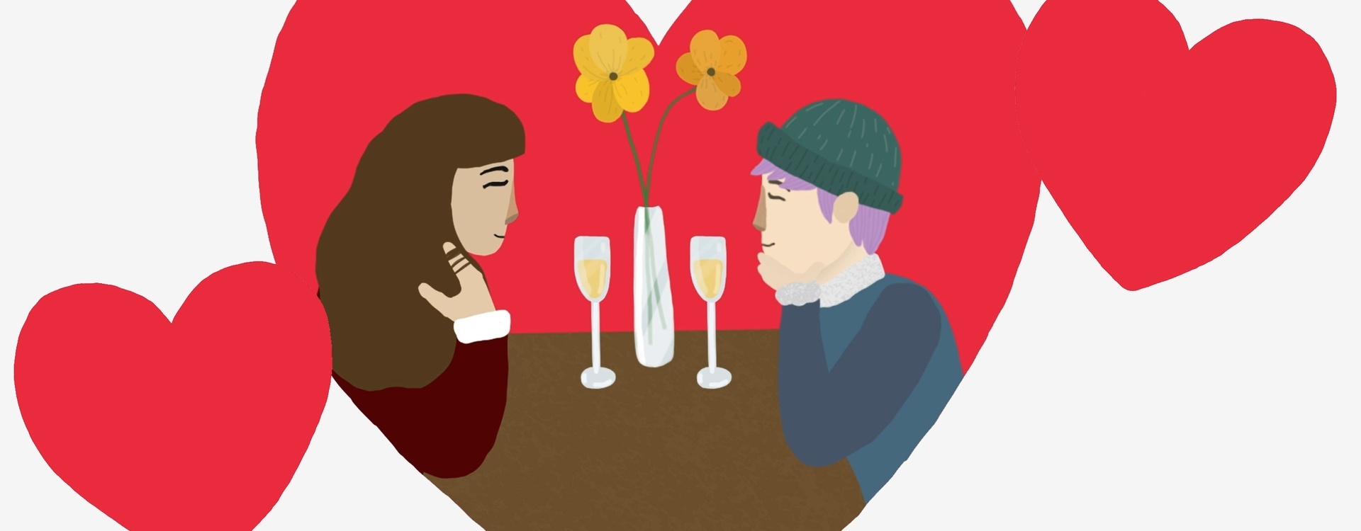 To personer på date med vinglass. Hjerter svever rundt. Grafisk illustrasjon.