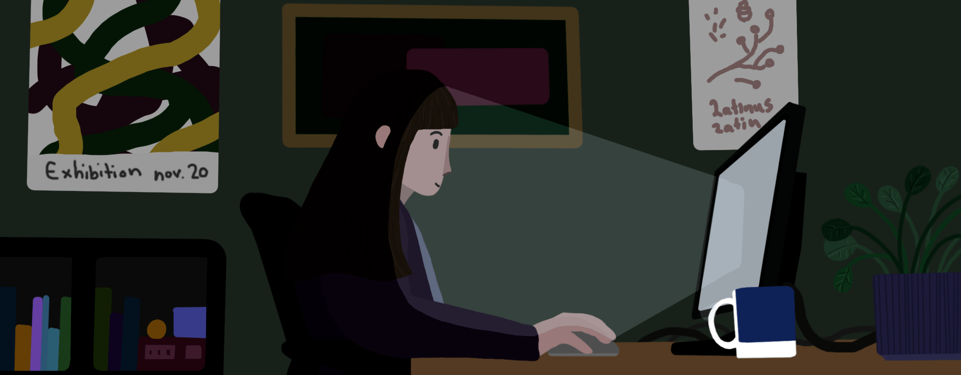 Student sitter foran PC-skjermen. Skjermen lyser opp ansiktet til studenten. Grafisk illustrasjon.