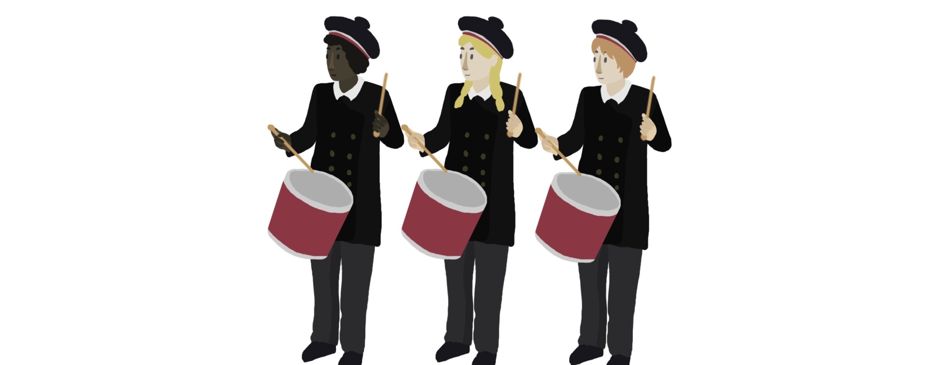 Tre personer som trommer. Buekorps. GIF