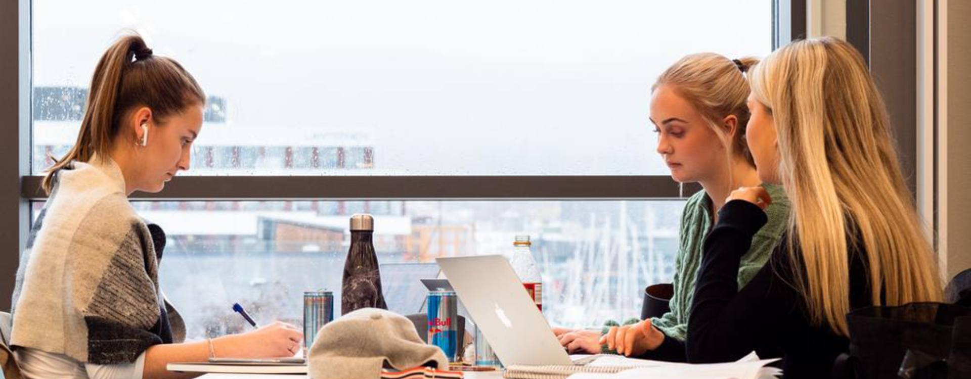 Tre studenter sitter rundt et bord med bøker og PC og leser til eksamen.
