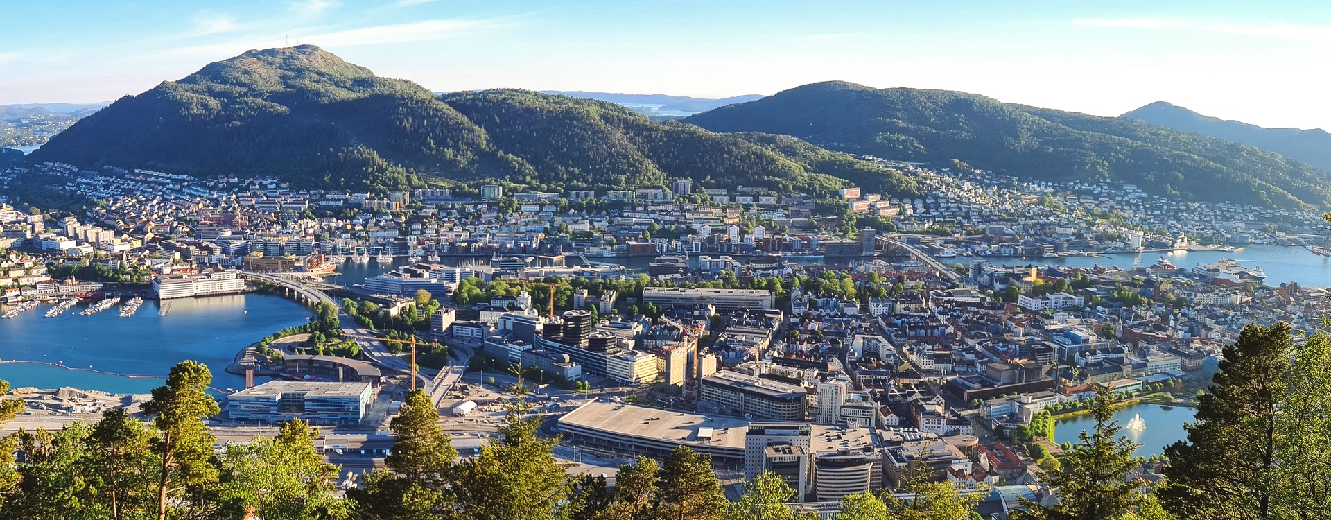 Tre av de syv fjell i Bergen. Løvstakken, Damsgårdsfjellet og Lyderhorn