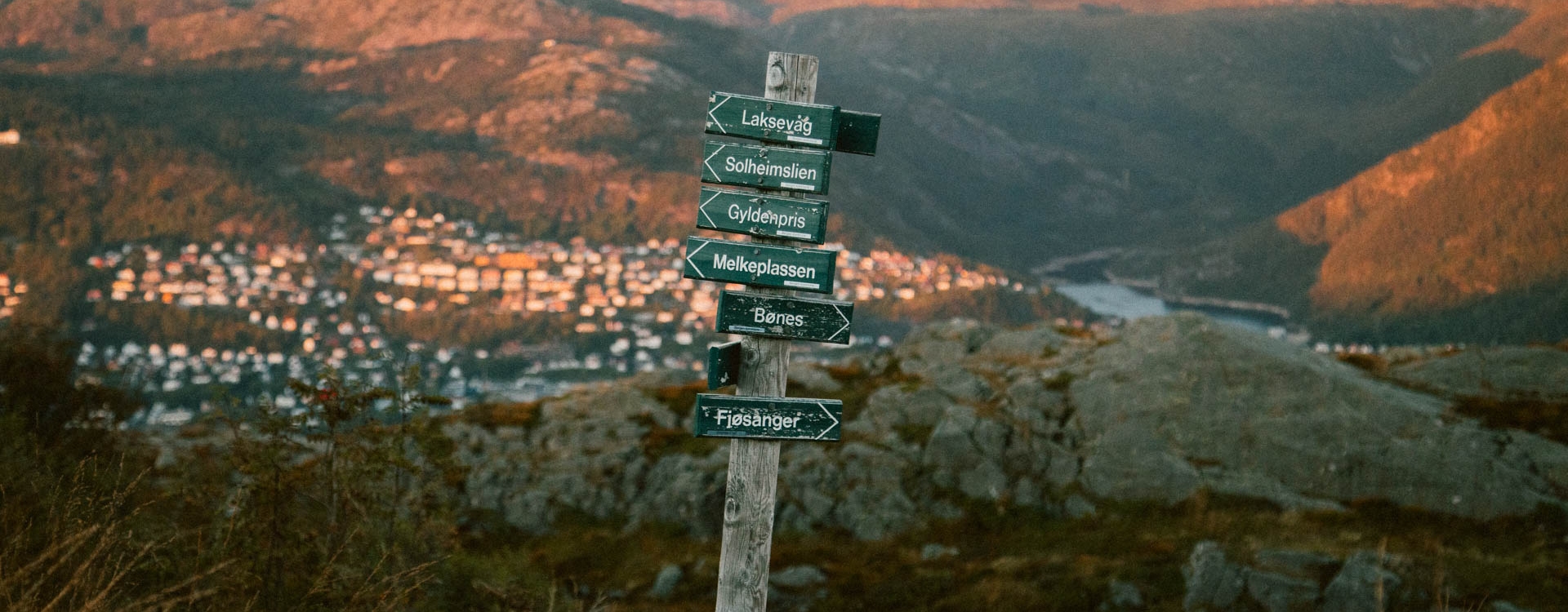 Utsikt fra Løvstakken i Bergen mot Svartediket og Fjellsiden. Bilde av turskilt på Løvstakken i Bergen med utsikt mot Fjellsiden og Svartediket