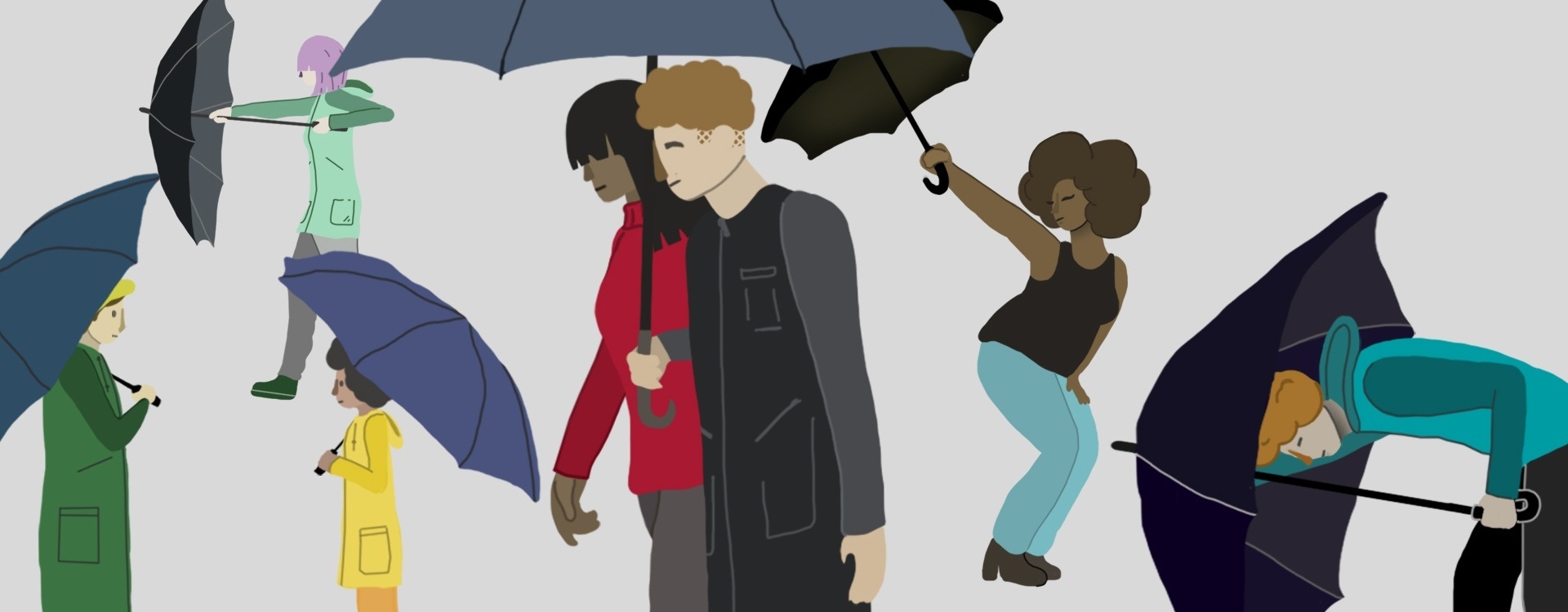 Illustration showing people using umbrellas in different ways.