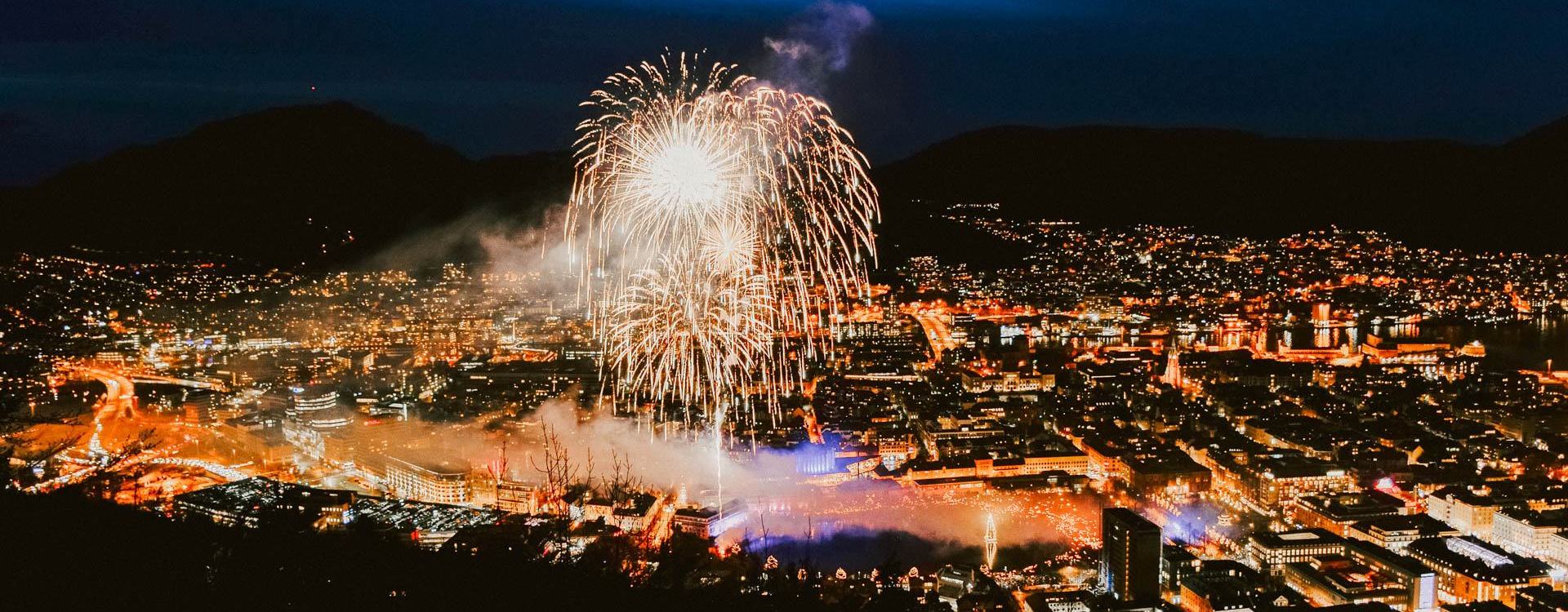 Fireworks over Bergen, seen from mount Fløyen.