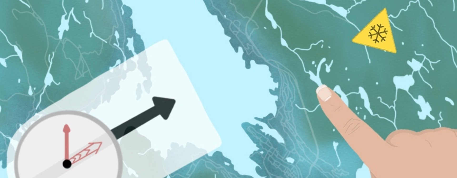Map overview of Bergen with a compass and a finger pointing. Illustration.