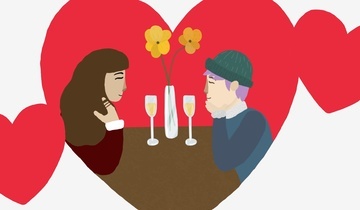 To personer på date med vinglass. Hjerter svever rundt. Grafisk illustrasjon. 