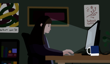 Student sitter foran PC-skjermen. Skjermen lyser opp ansiktet til studenten. Grafisk illustrasjon. 