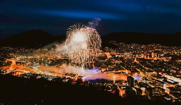 Fireworks over Bergen, seen from mount Fløyen.