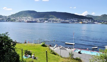 Badeplassen Nordnes sjøbad en fin sommerdag. Panoramabilde, med blå himmel, fjell og fjord. 